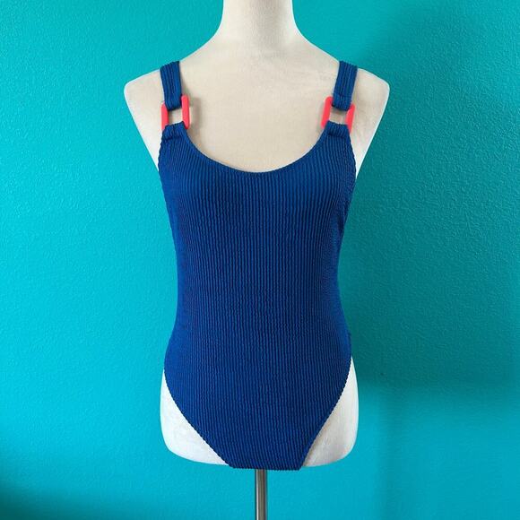 NWT Aerie Crinkle Birthday Scoop Cheekiest One Piece Swimsuit Blue Swim - Picture 1 of 6